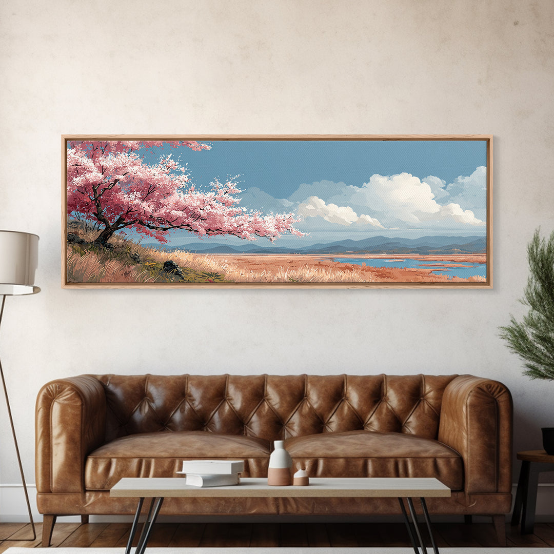 Spring Cherry Blossoms Framed Canvas Print, Nature Art, Landscape Print, Living Room Decor, Watercolor Art, Nature, NAT-3x1-32