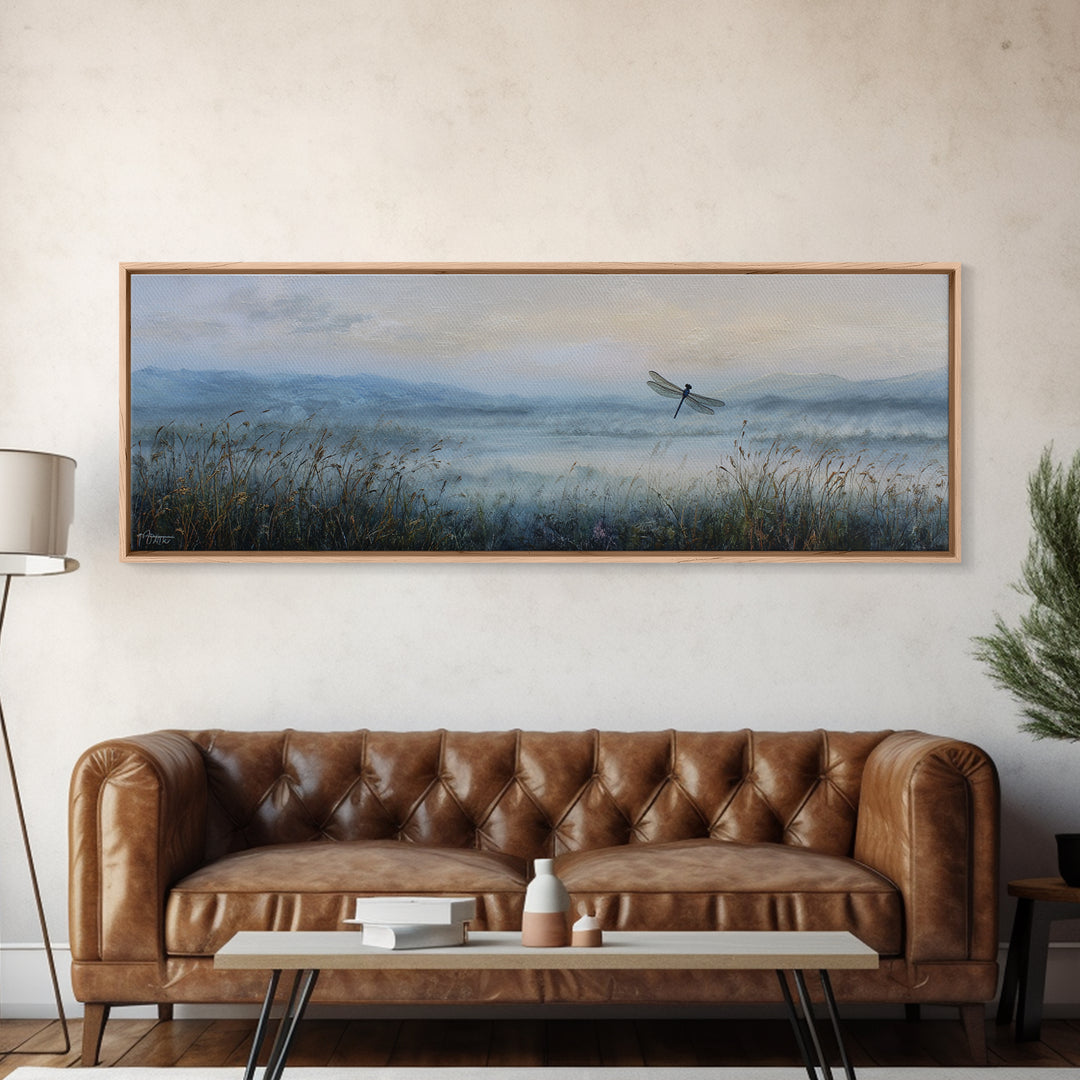 Dragonfly over a Pond with Reeds Canvas Print, Nature Art, Printable Wall Art, Living Room Decor, Abstract Art, Nature, NAT-3x1-34