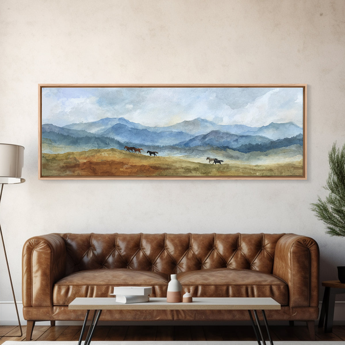 Wild Horses Running Near Mountain Ridge Canvas Print, Nature Art, Wall Hangings, Living Room Decor, Oil Painting, Nature, NAT-3x1-38
