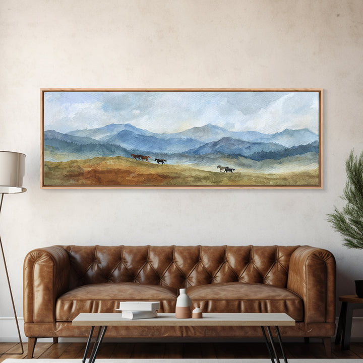 Wild Horses Running Near Mountain Ridge Canvas Print, Nature Art, Wall Hangings, Living Room Decor, Oil Painting, Nature, NAT-3x1-38