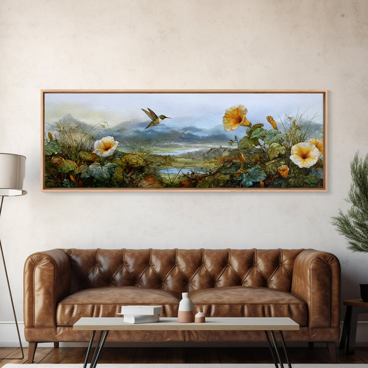 Hummingbird Beside Bright Trumpet Flowers Canvas Print, Nature Art, Moss Art, Living Room Decor, Watercolor Art, Nature, NAT-3x1-4