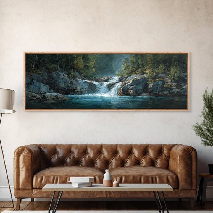 Waterfall Hidden Among Dark Green Rocks Canvas Print, Nature Art, Poster, Living Room Decor, Nature, Abstract Wall Art, NAT-3x1-43