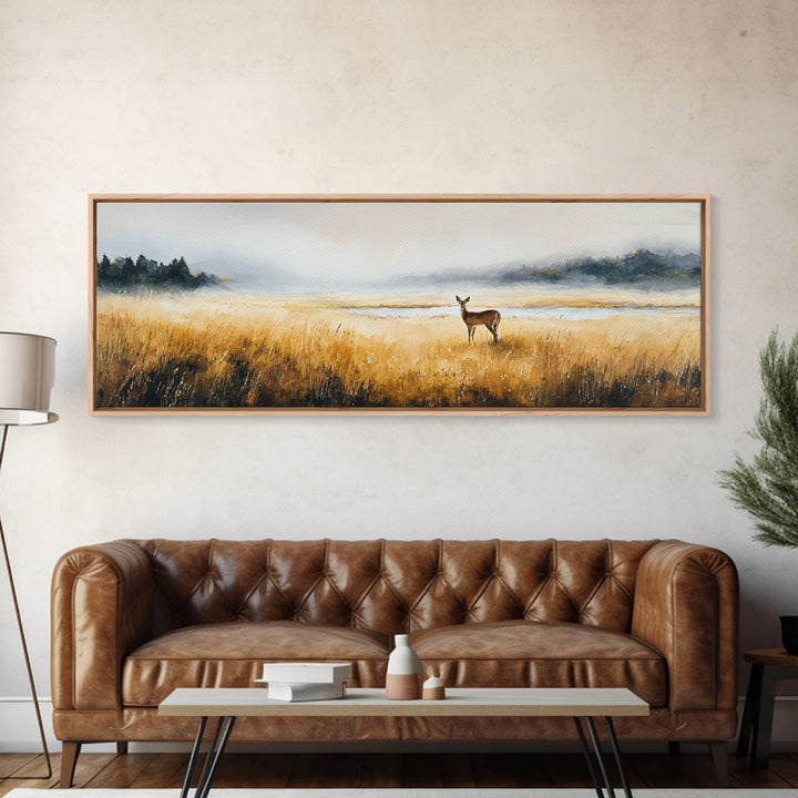 Deer Standing in a Golden Field Canvas Print, Nature Art, Art Print, Living Room Decor, Fine Art, Nature, Printable Wall Art, NAT-3x1-48
