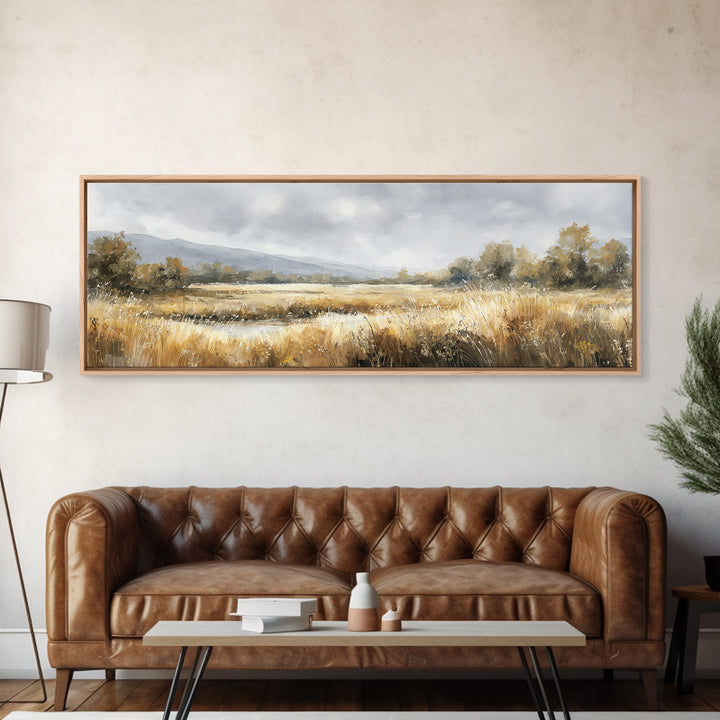 Sunrise Through Tall Grass and Wildflowers Framed Canvas Print, Nature Art, Wall Decor, Living Room Decor, Oil Painting, Nature, NAT-3x1-51