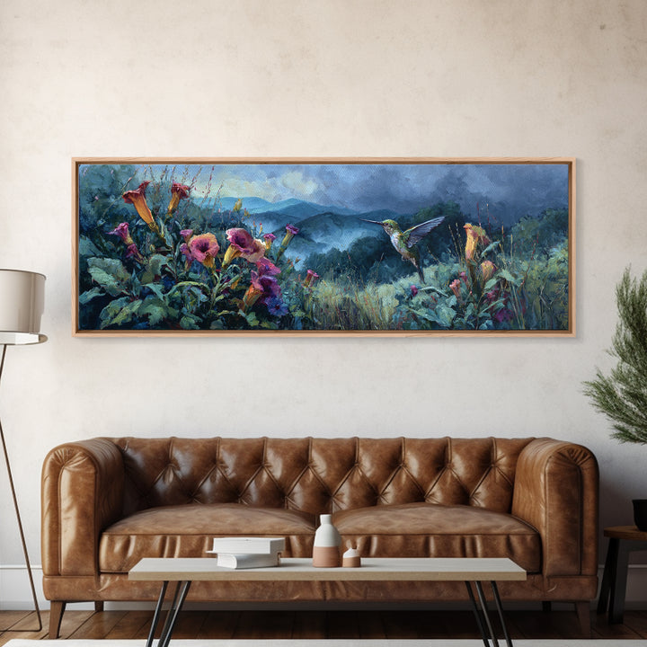 Hummingbird Beside Bright Trumpet Flowers Framed Canvas Print, Nature Art, Room Decor, Living Room Decor, Fine Art, Nature, NAT-3x1-52