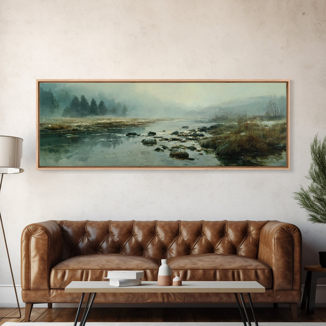 River Stones under Clear Shallow Water Framed Canvas Print, Nature Art, Stained Glass Art, Living Room Decor, Fine Art, Nature, NAT-3x1-53