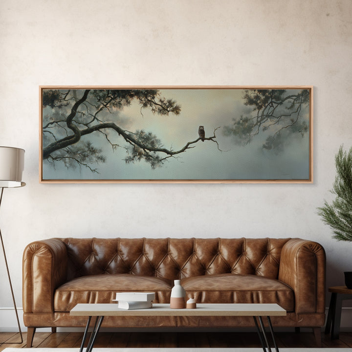 Owl in Moonlit Branches Framed Canvas Print, Nature Art, Wall Art, Living Room Decor, Watercolor Art, Nature, Wood Wall Art, NAT-3x1-59