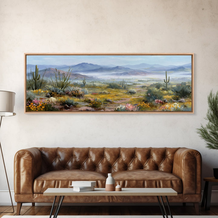 Desert Cactus Blooming After Rain Framed Canvas Print, Nature Art, Boho Decor, Living Room Decor, Oil Painting, Nature, NAT-3x1-60