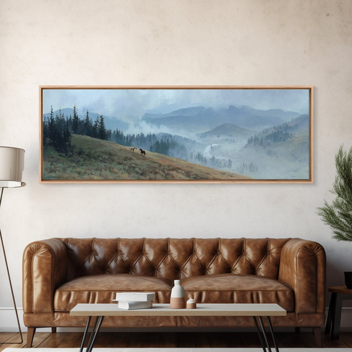 Wild Horses Running Near Mountain Ridge Canvas Print, Nature Art, Gallery Decor, Living Room Decor, Fine Art, Nature, NAT-3x1-62