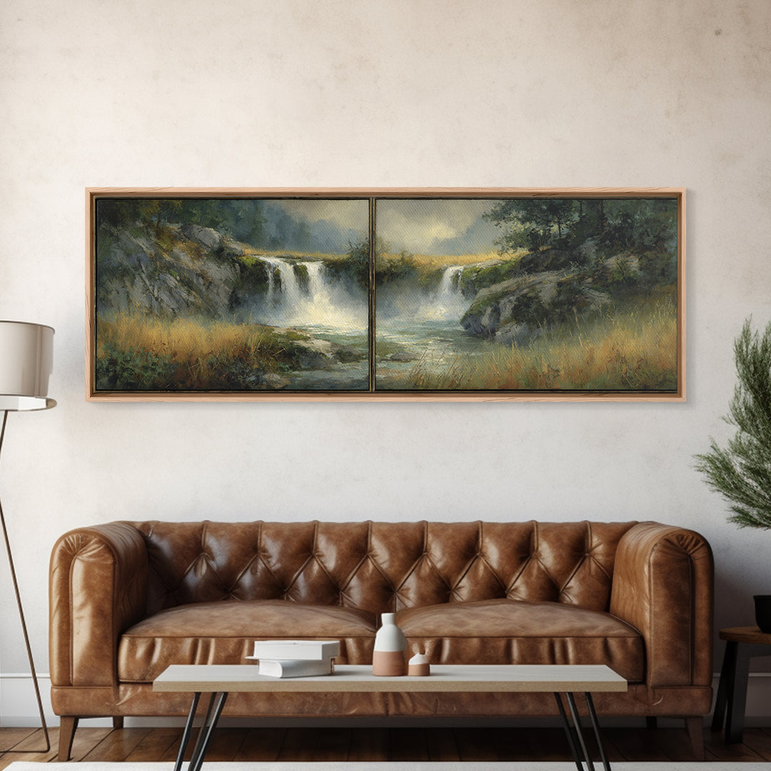 Waterfall Hidden Among Dark Green Rocks Framed Canvas Print, Nature Art, Wall Hangings, Living Room Decor, Abstract Art, Nature, NAT-3x1-67