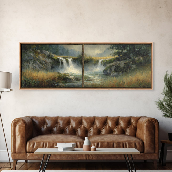 Waterfall Hidden Among Dark Green Rocks Framed Canvas Print, Nature Art, Wall Hangings, Living Room Decor, Abstract Art, Nature, NAT-3x1-67