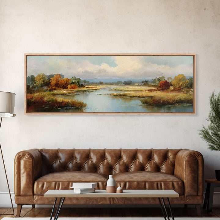 Autumn Leaves Floating on Quiet Stream Canvas Print, Nature Art, Art Print, Living Room Decor, Oil Painting, Nature, NAT-3x1-70