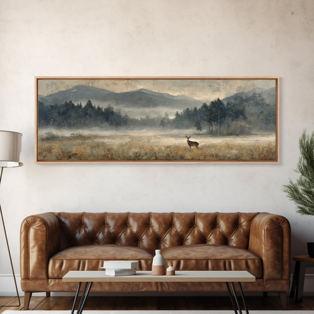 Deer Standing in a Golden Field Framed Canvas Print, Nature Art, Wall Art, Living Room Decor, Fine Art, Nature, Wood Wall Art, NAT-3x1-72