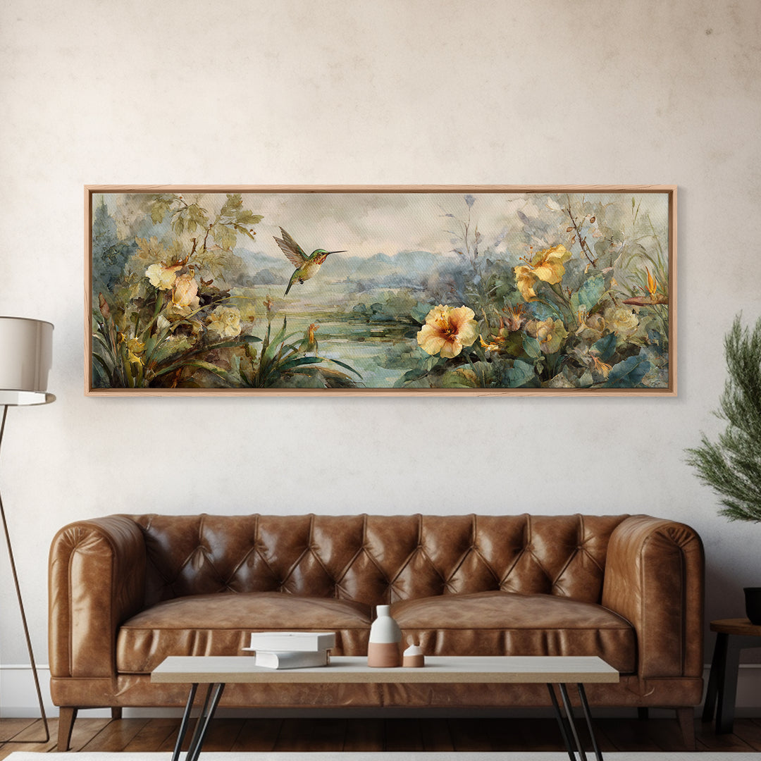 Hummingbird Beside Bright Trumpet Flowers Canvas Print, Nature Art, Home Decor, Living Room Decor, Oil Painting, Nature, NAT-3x1-76