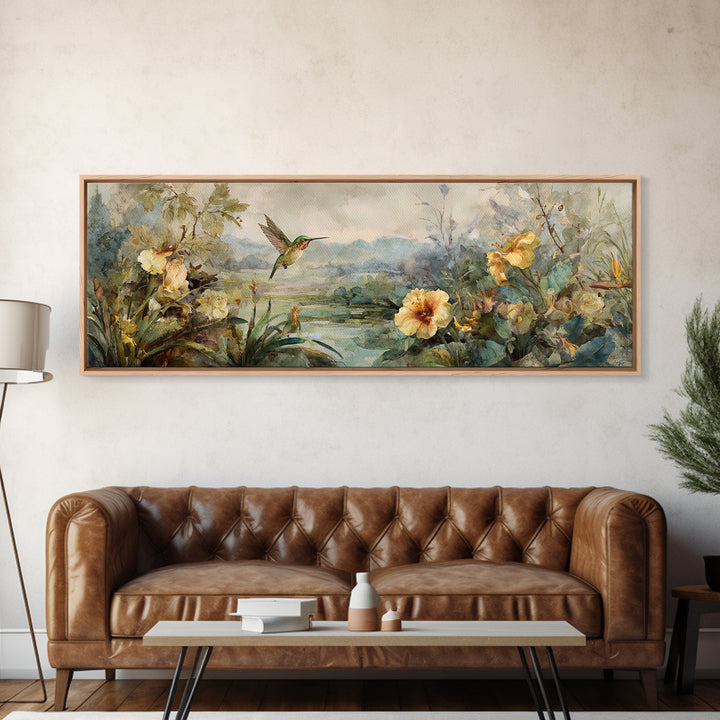 Hummingbird Beside Bright Trumpet Flowers Canvas Print, Nature Art, Home Decor, Living Room Decor, Oil Painting, Nature, NAT-3x1-76