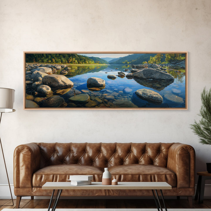 River Stones under Clear Shallow Water Framed Canvas Print, Nature Art, Stained Glass Art, Living Room Decor, Fine Art, Nature, NAT-3x1-77