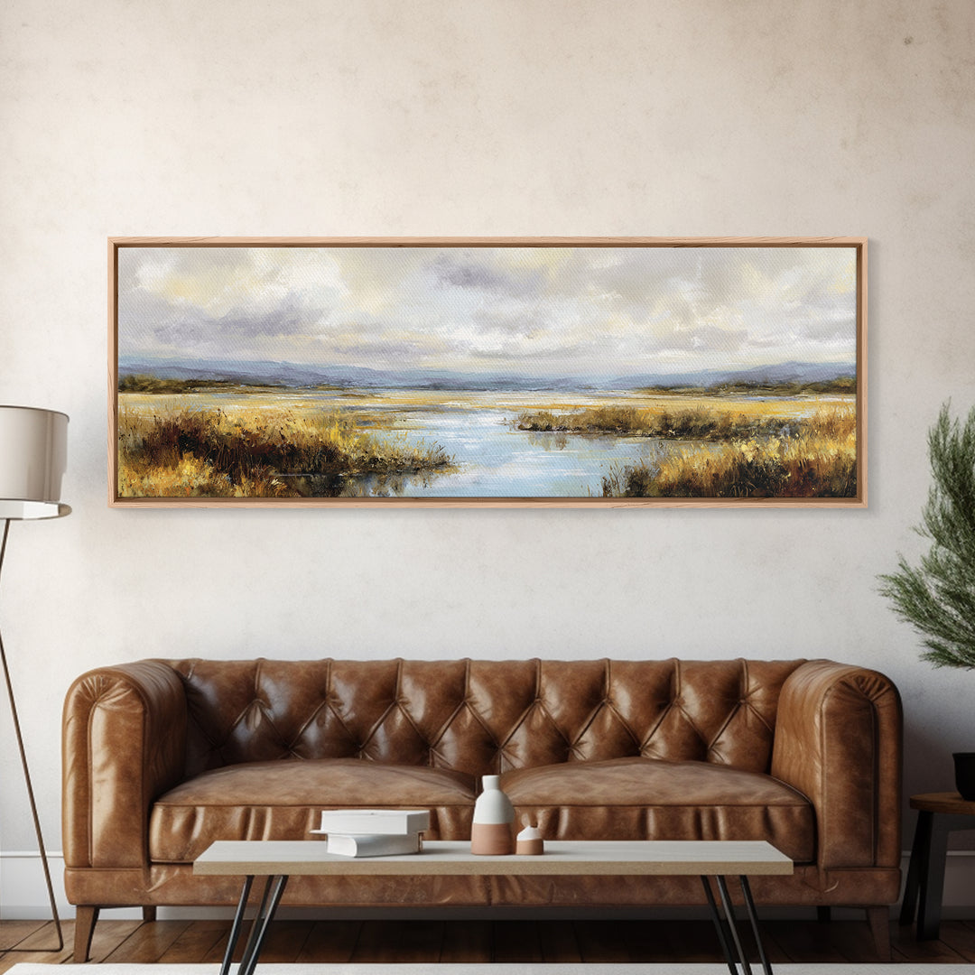 Dragonfly over a Pond with Reeds Framed Canvas Print, Nature Art, Wood Wall Art, Living Room Decor, Fine Art, Nature, NAT-3x1-82