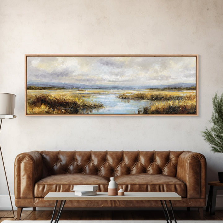 Dragonfly over a Pond with Reeds Framed Canvas Print, Nature Art, Wood Wall Art, Living Room Decor, Fine Art, Nature, NAT-3x1-82