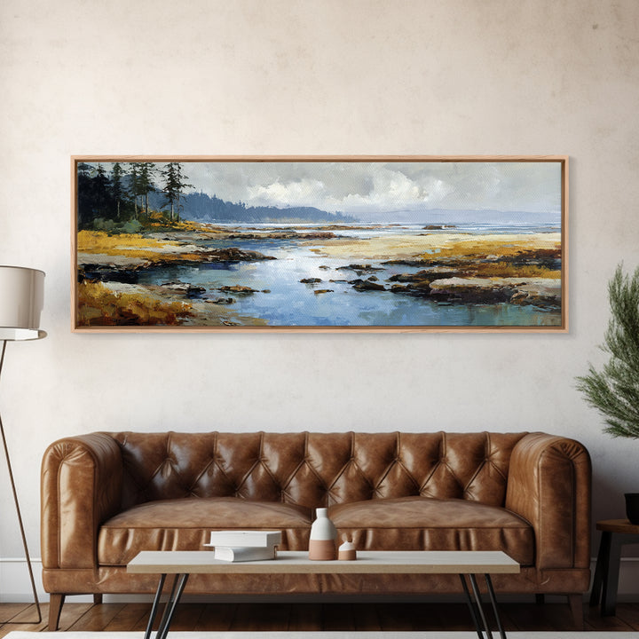 Calm Beach Tide Pooling Around Rocks Canvas Print, Nature Art, Minimalist Decor, Living Room Decor, Oil Painting, Nature, NAT-3x1-88