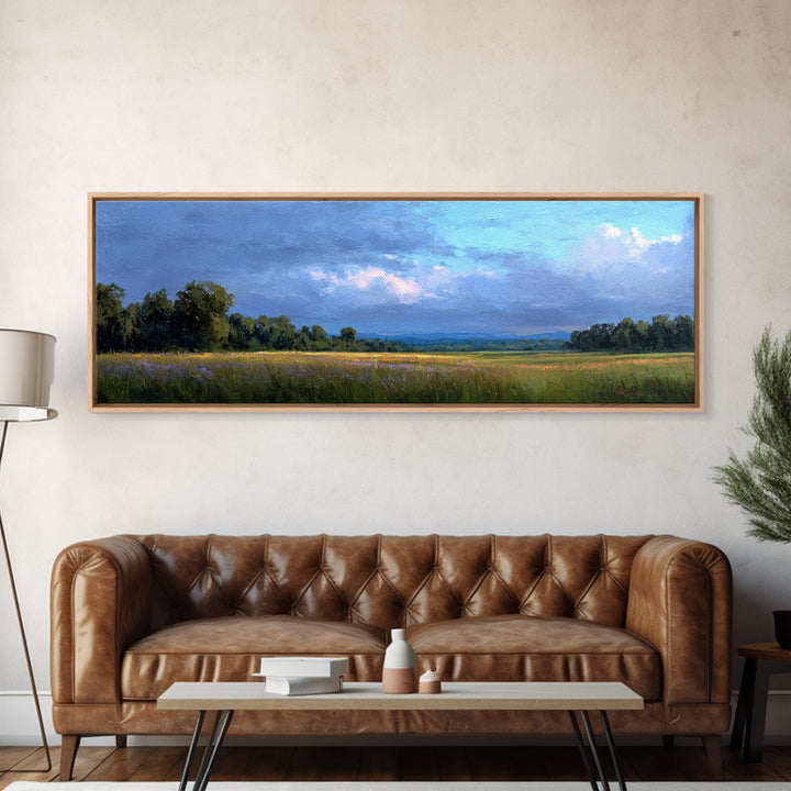 Wildflower Meadow under Soft Summer Sky Framed Canvas Print, Nature Art, Stained Glass Art, Living Room Decor, Fine Art, Nature, NAT-3x1-90