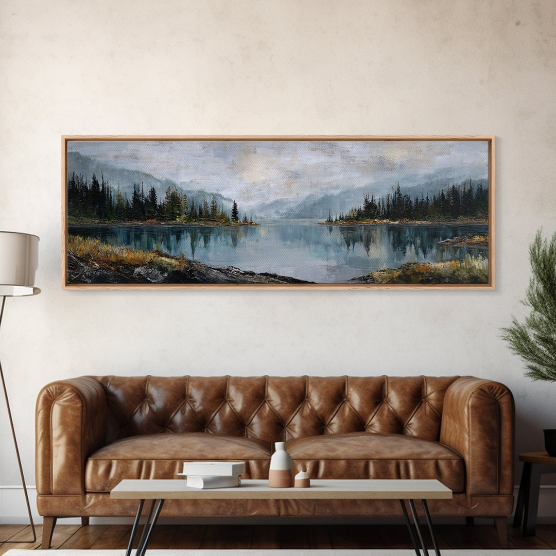 Misty Mountain Lake Canvas Print, Nature Art, Mountain Art, Living Room Decor, Oil Painting, Nature, Minimalist Decor, NAT-3x1-93