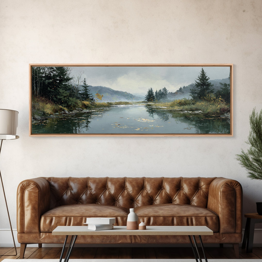Autumn Leaves Floating on Quiet Stream Canvas Print, Nature Art, Modern Wall Art, Living Room Decor, Watercolor Art, Nature, NAT-3x1-94