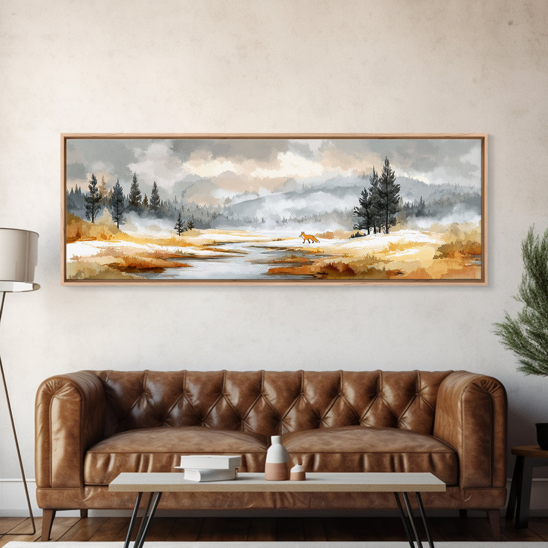 Fox Crossing a Snowy Forest Clearing Canvas Print, Nature Art, Moss Art, Living Room Decor, Oil Painting, Nature, NAT-3x1-98