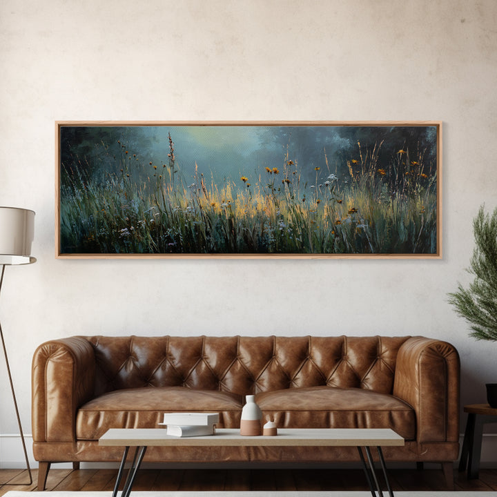 Sunrise Through Tall Grass and Wildflowers Framed Canvas Print, Nature Art, Living Room Decor, Oil Painting, Nature, NAT-3x1-99
