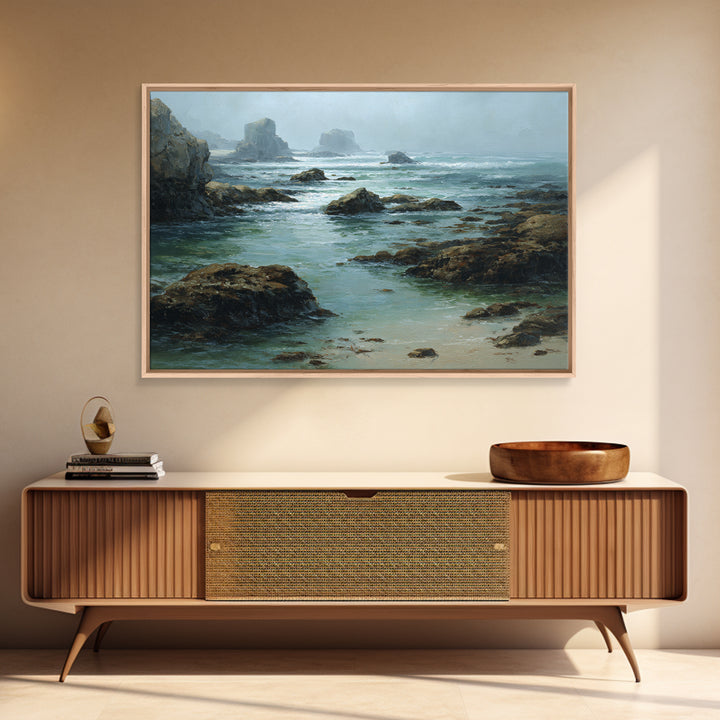Calm Beach Tide Pooling Around Rocks Framed Canvas Print, Nature Art, Fine Art Print, Living Room Decor, Oil Painting, Nature, NAT-3x2-100