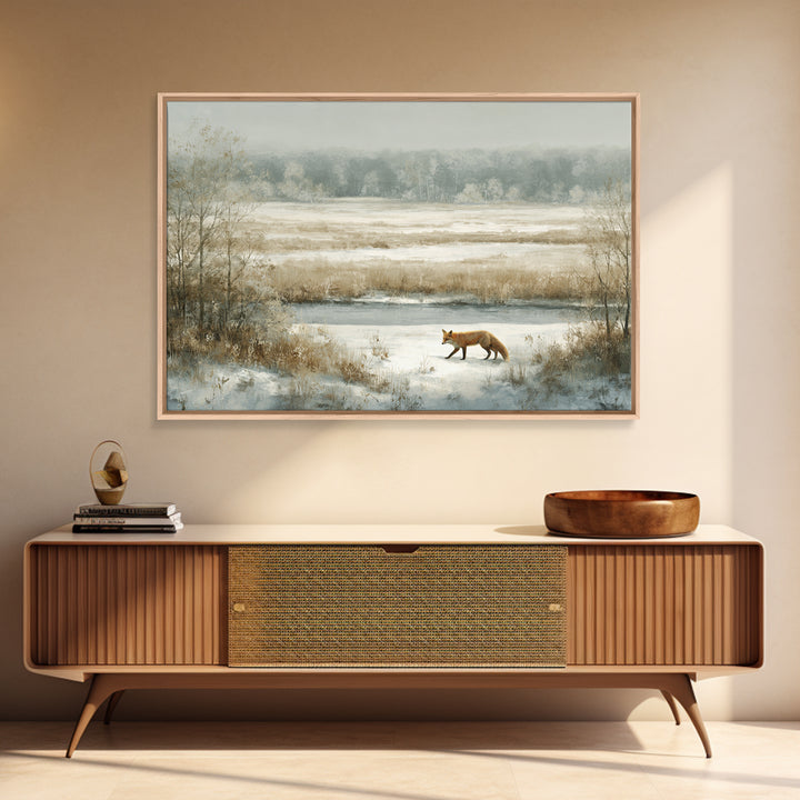 Fox Crossing a Snowy Forest Clearing Framed Canvas Print, Nature Art, Living Room Decor, Oil Painting, Nature, NAT-3x2-14