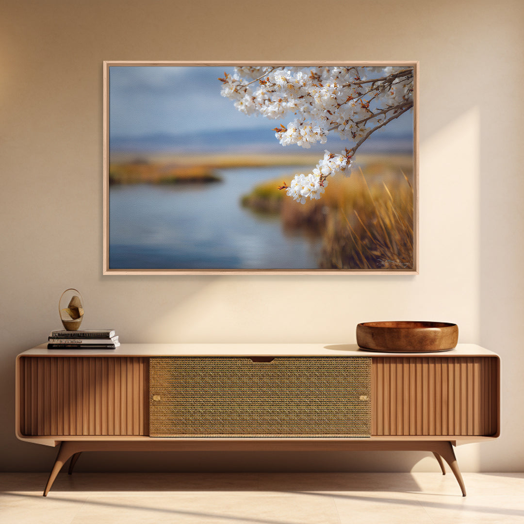 Spring Cherry Blossoms Framed Canvas Print, Nature Art, Abstract Wall Art, Living Room Decor, Fine Art, Nature, Bird Wall Art, NAT-3x2-20