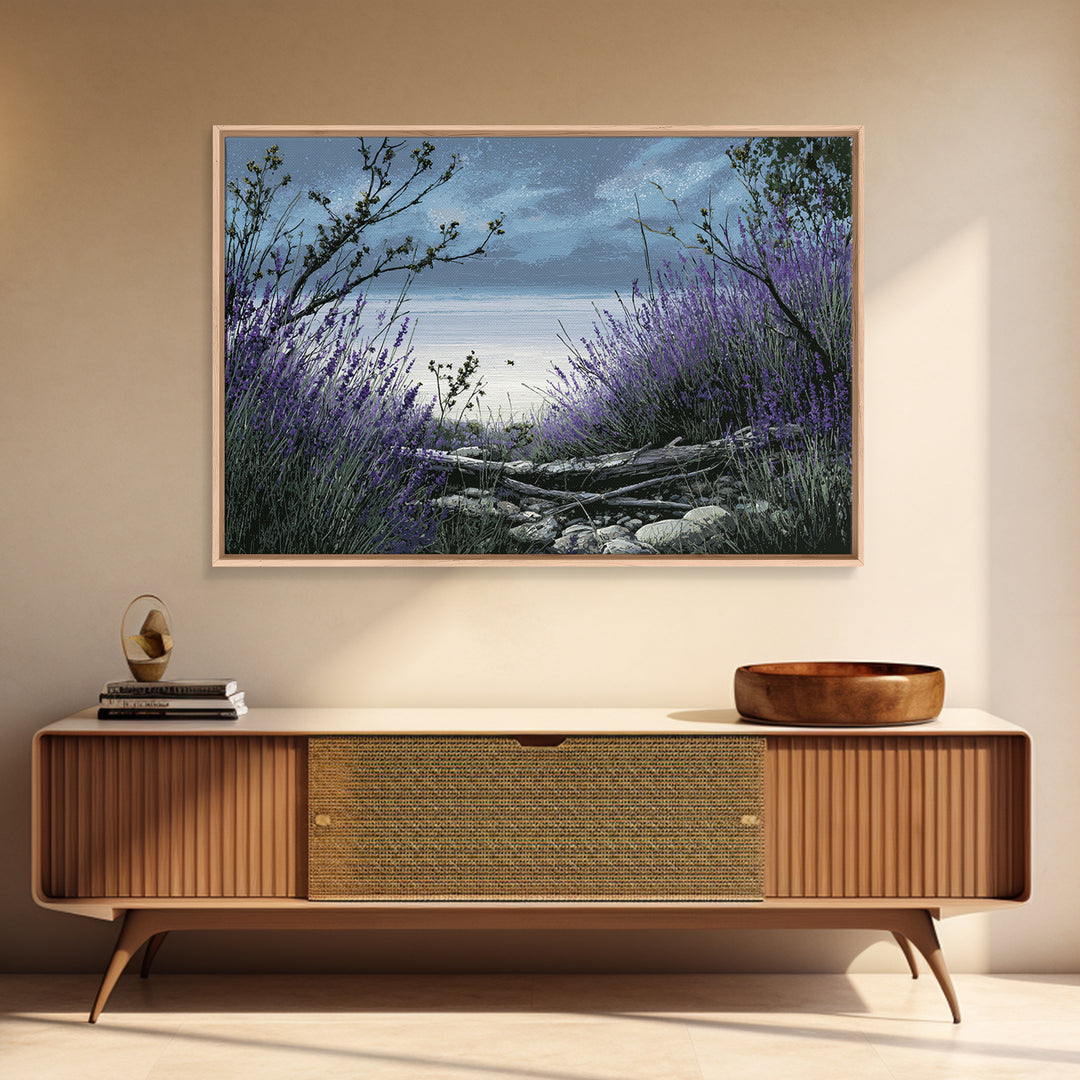 Bees Circling Lavender Blossoms Framed Canvas Print, Nature Art, Living Room Wall Art, Living Room Decor, Fine Art, Nature, NAT-3x2-27