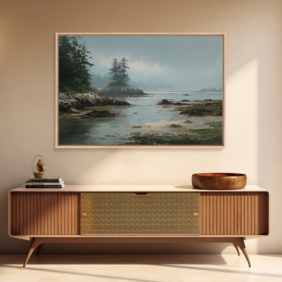 Calm Beach Tide Pooling Around Rocks Framed Canvas Print, Nature Art, Artwork, Living Room Decor, Nature, Landscape Art, NAT-3x2-28