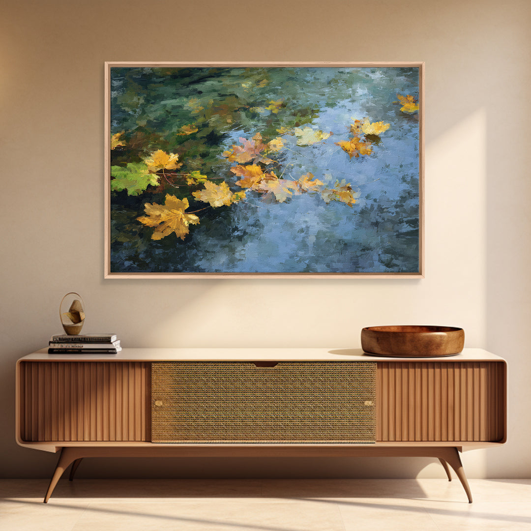Autumn Leaves Floating on Quiet Stream Canvas Print, Nature Art, Modern Wall Art, Living Room Decor, Watercolor Art, Nature, NAT-3x2-34