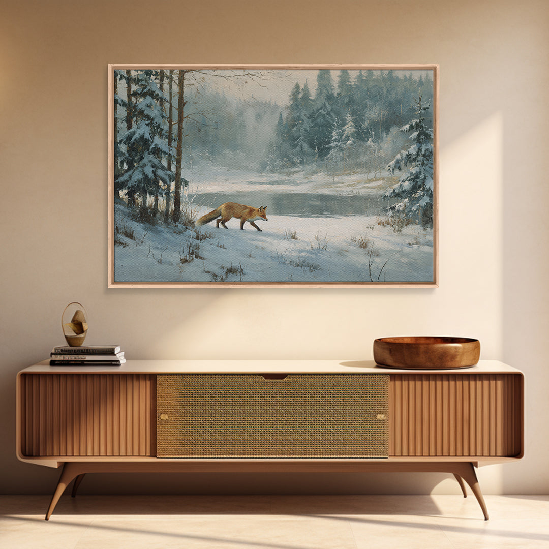 Fox Crossing a Snowy Forest Clearing Canvas Print, Nature Art, Wood Wall Art, Living Room Decor, Nature, Digital Download Art, NAT-3x2-38