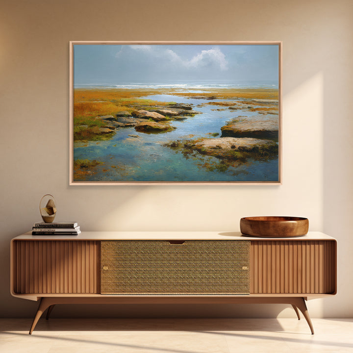 Calm Beach Tide Pooling Around Rocks Canvas Print, Nature Art, Living Room Decor, Oil Painting, Nature, Modern Wall Art, NAT-3x2-4