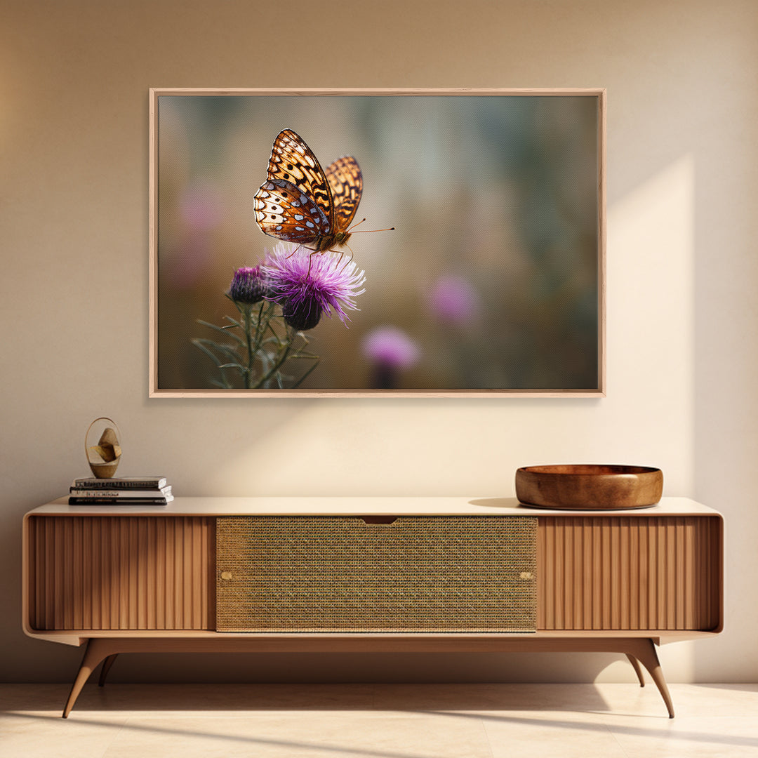 Butterfly Resting on a Blooming Thistle Framed Canvas Print, Nature Art, Framed Art, Living Room Decor, Oil Painting, Nature, NAT-3x2-8