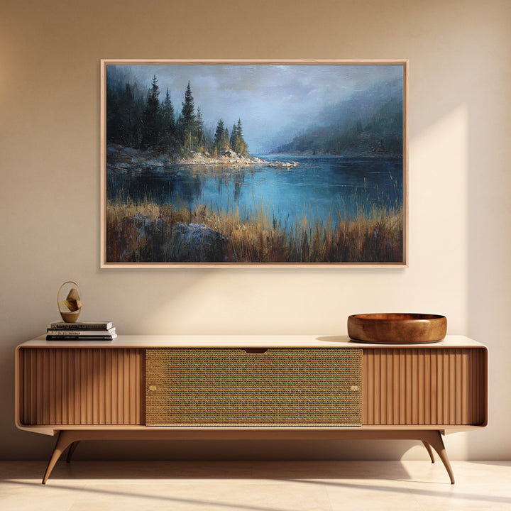 Misty Mountain Lake Framed Canvas Print, Nature Art, Ocean Art, Living Room Decor, Fine Art, Nature, Art Print, NAT-3x2-81