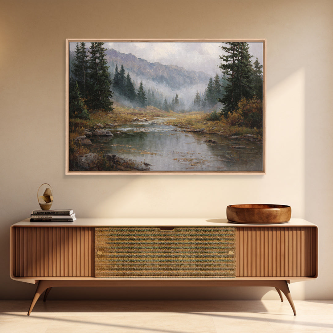 Autumn Leaves Floating on Quiet Stream Framed Canvas Print, Nature Art, Landscape Art, Living Room Decor, Oil Painting, Nature, NAT-3x2-82