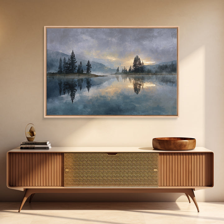 Misty Mountain Lake Framed Canvas Print, Nature Art, Abstract Wall Art, Living Room Decor, Oil Painting, Nature, Bird Wall Art, NAT-3x2-9