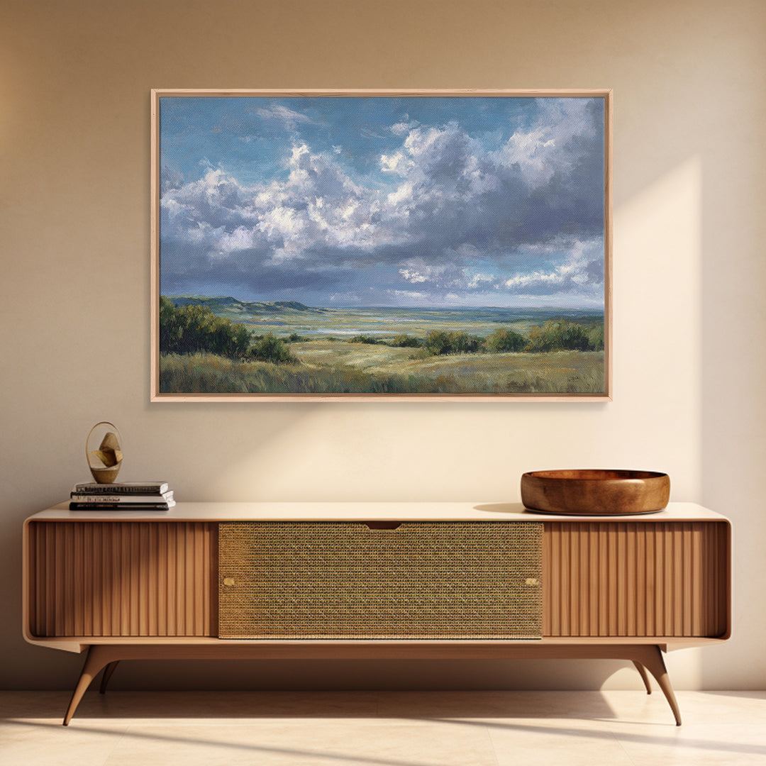Storm Clouds over a Rolling Prairie Framed Canvas Print, Nature Art, Living Room Wall Art, Living Room Decor, Fine Art, Nature, NAT-3x2-90