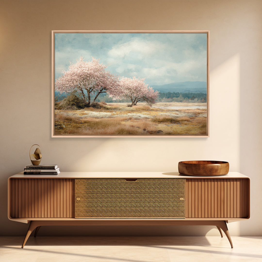 Spring Cherry Blossoms Framed Canvas Print, Nature Art, Luxury Decor, Living Room Decor, Fine Art, Nature, Mushroom, NAT-3x2-92