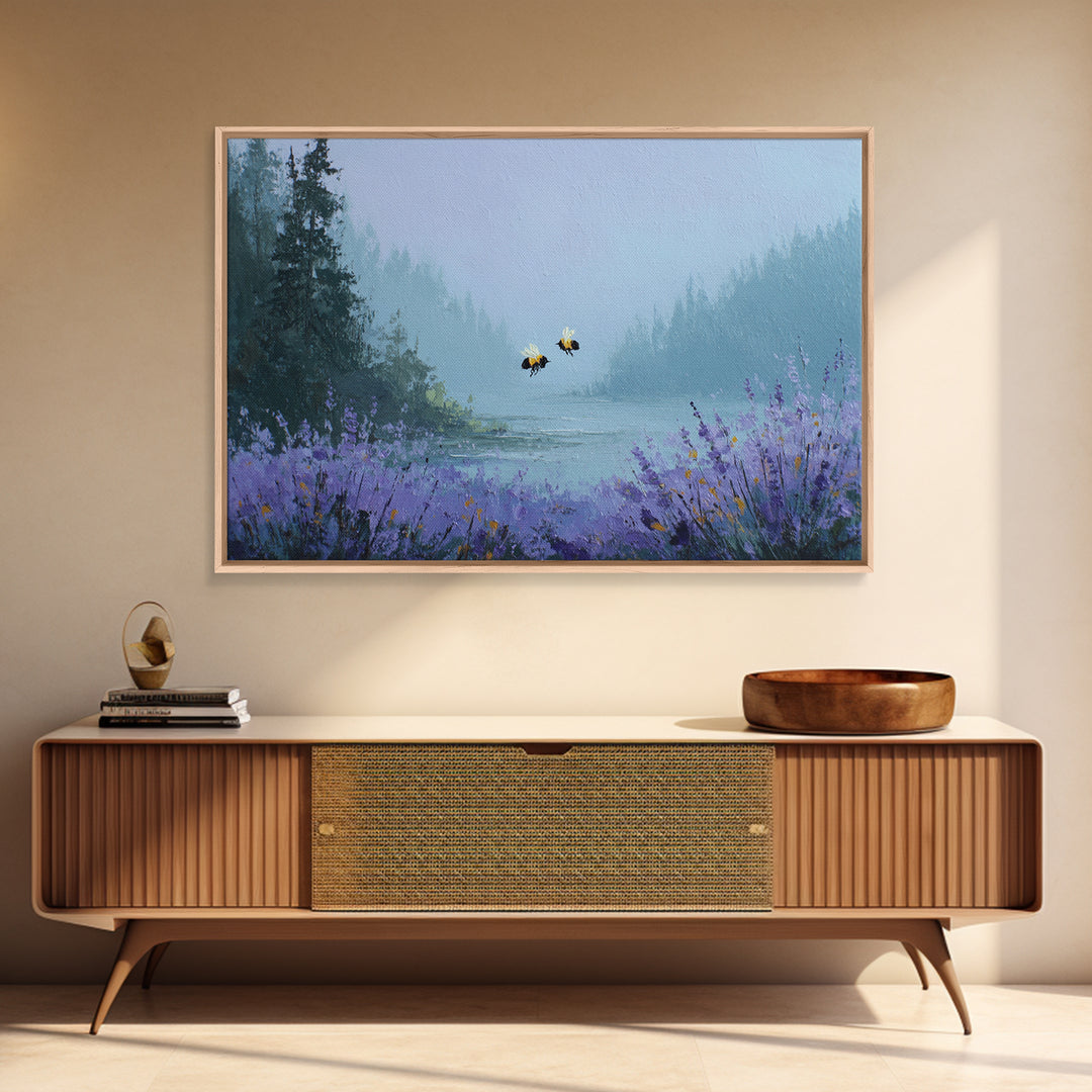 Bees Circling Lavender Blossoms Framed Canvas Print, Nature Art, Minimalist Decor, Living Room Decor, Fine Art, Nature, NAT-3x2-99