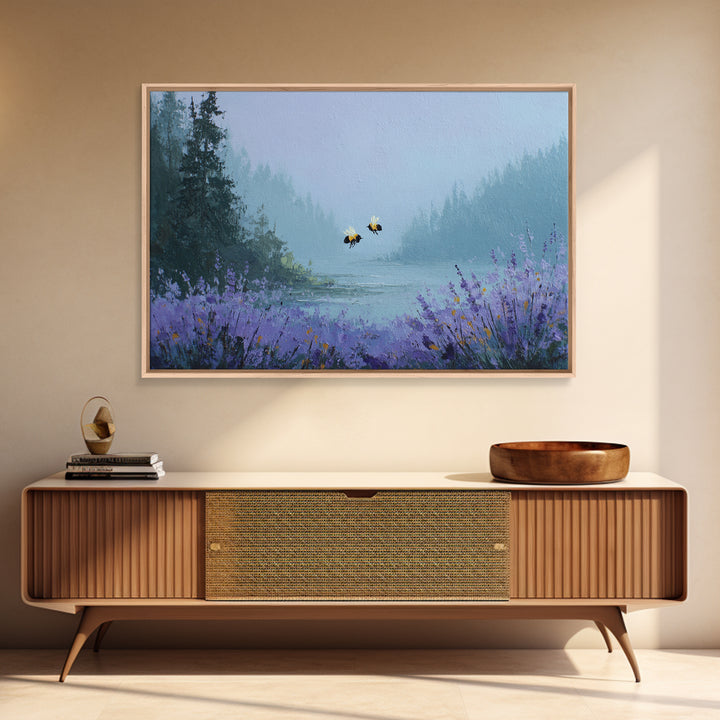Bees Circling Lavender Blossoms Framed Canvas Print, Nature Art, Minimalist Decor, Living Room Decor, Fine Art, Nature, NAT-3x2-99