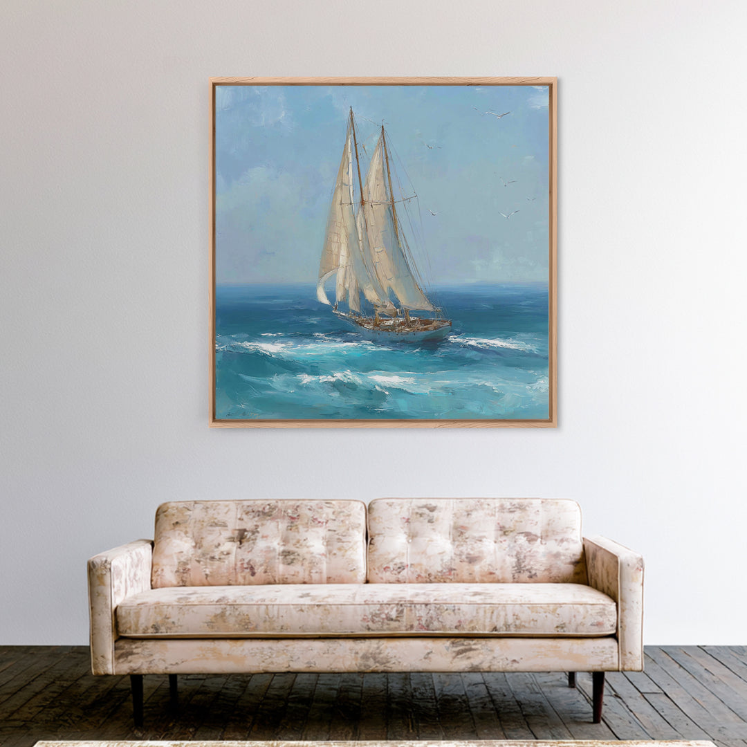 Sailboat Leaning into Wind on Blue Water Framed Canvas Print, Nautical Art, Modern Decor, Coastal Decor, Fine Art, Harbor, NAU-1x1-1