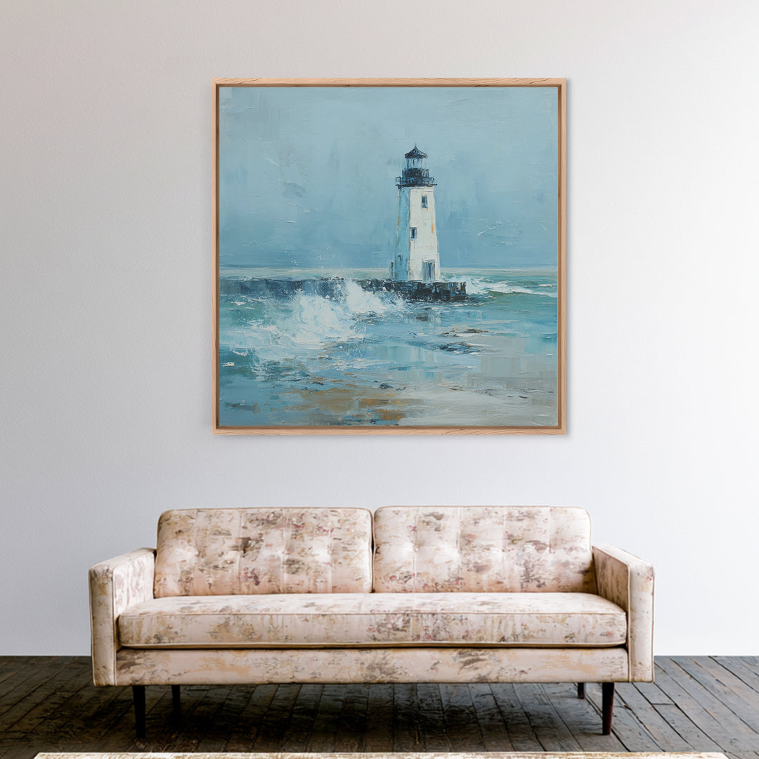 Lighthouse Standing Against Stormy Waves Canvas Print, Nautical Art, Large Wall Art, Coastal Decor, Abstract Art, Harbor, NAU-1x1-3