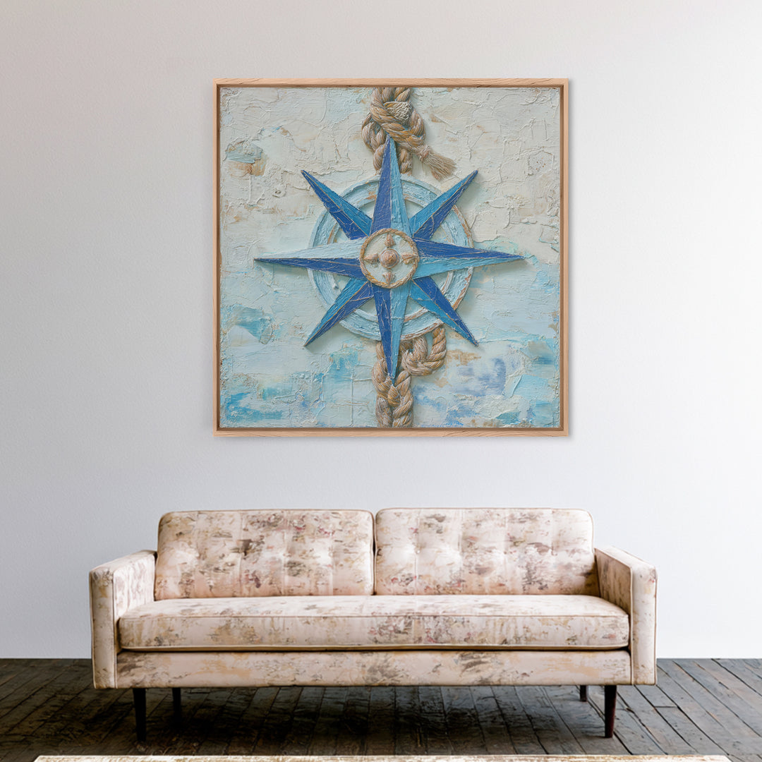 Nautical Star Compass Rose Framed Canvas Print, Nautical Art, Gallery Decor, Coastal Decor, Fine Art, Harbor, Wall Art, NAU-1x1-38