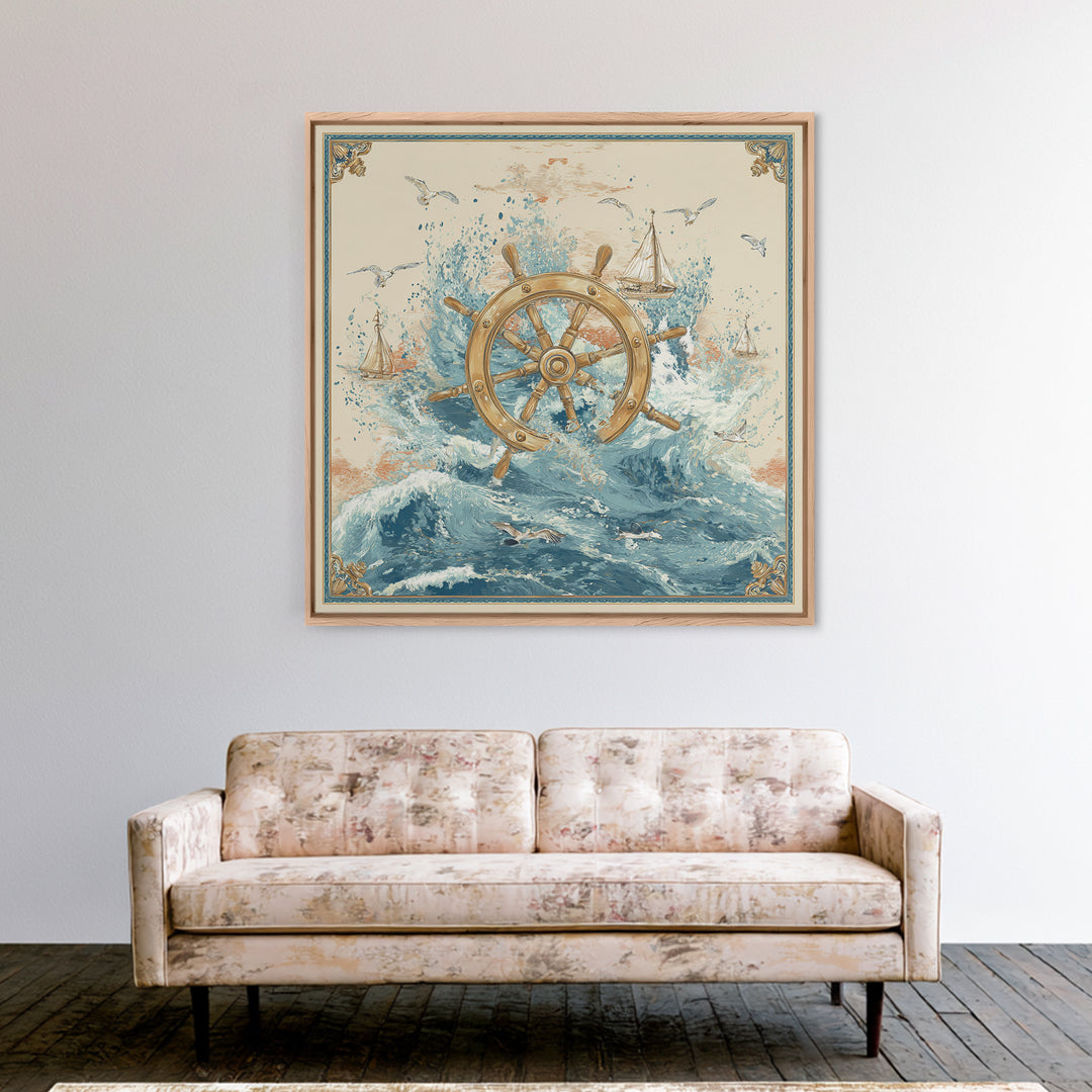 Ship Wheel with Sea Spray Background Framed Canvas Print, Nautical Art, Nautical, Coastal Decor, Fine Art, Harbor, Modern Decor, NAU-1x1-39