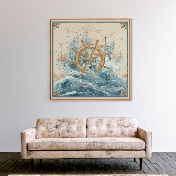 Ship Wheel with Sea Spray Background Framed Canvas Print, Nautical Art, Nautical, Coastal Decor, Fine Art, Harbor, Modern Decor, NAU-1x1-39