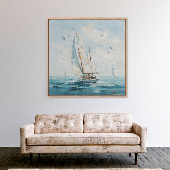 Classic Yacht Racing Through Whitecaps Framed Canvas Print, Nautical Art, Coastal Decor, Oil Painting, Harbor, Fine Art Print, NAU-1x1-43